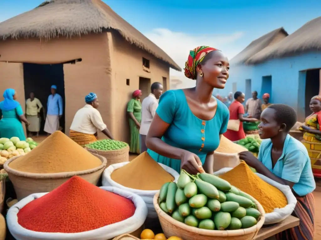 Escena animada de un bullicioso mercado africano con frutas, verduras y granos coloridos, mostrando la agricultura en sociedades africanas