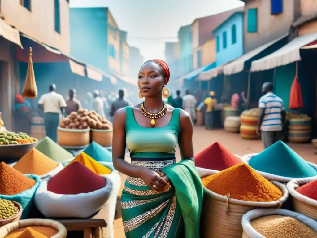 Escena animada en un mercado africano con textiles coloridos y especias