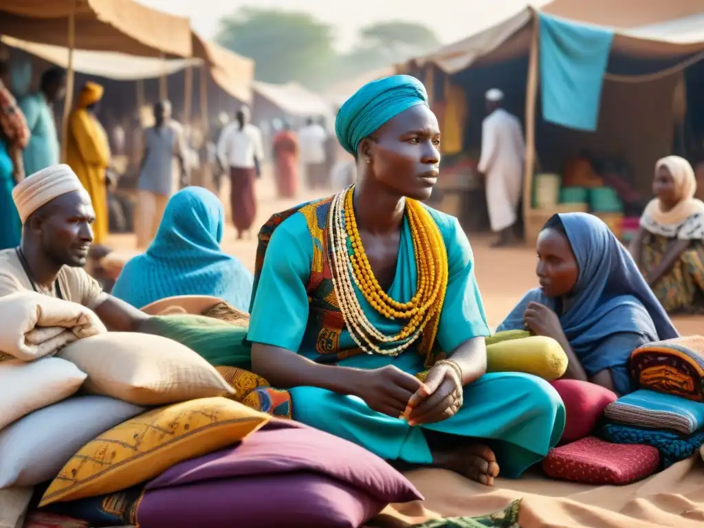 Escena animada de un mercado en el Sahel, resaltando colores vibrantes y texturas de textiles en el Comercio de Sal en Sahel