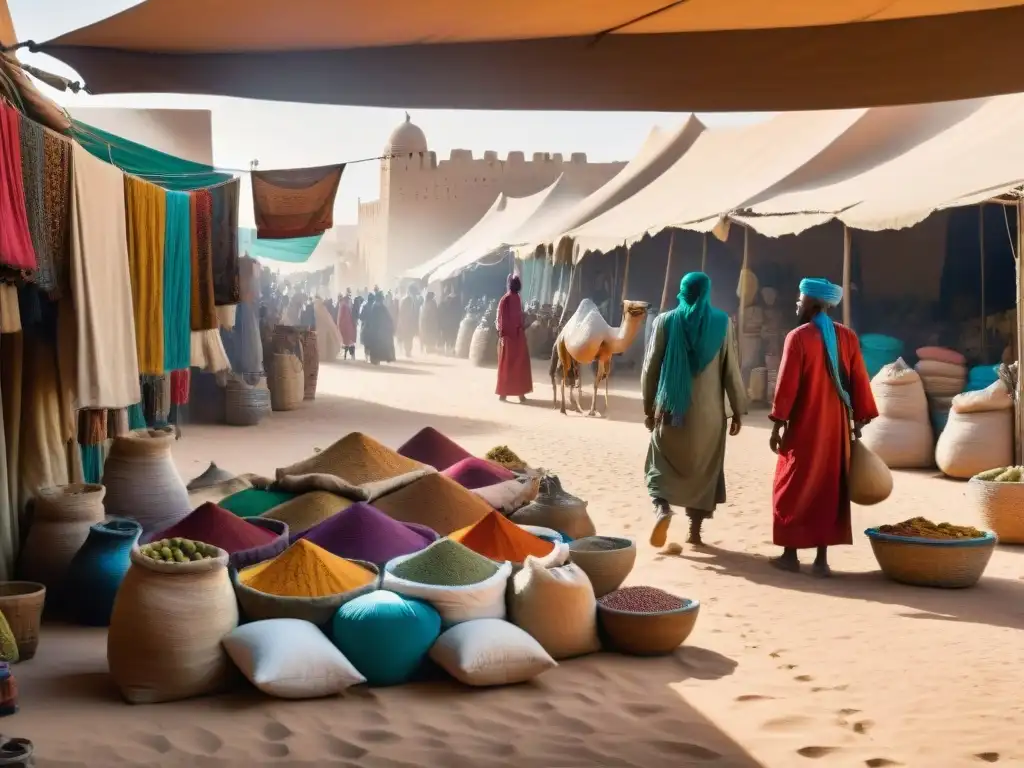 Escena animada de mercado en Timbuktu, Mali, con comerciantes africanos y árabes bajo toldos coloridos