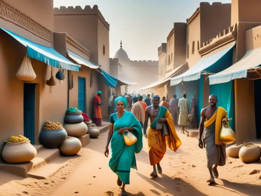 Escena animada de un mercado en Timbuktu, Mali, influenciado por el Comercio Transahariano, con comerciantes y camellos bajo el sol africano