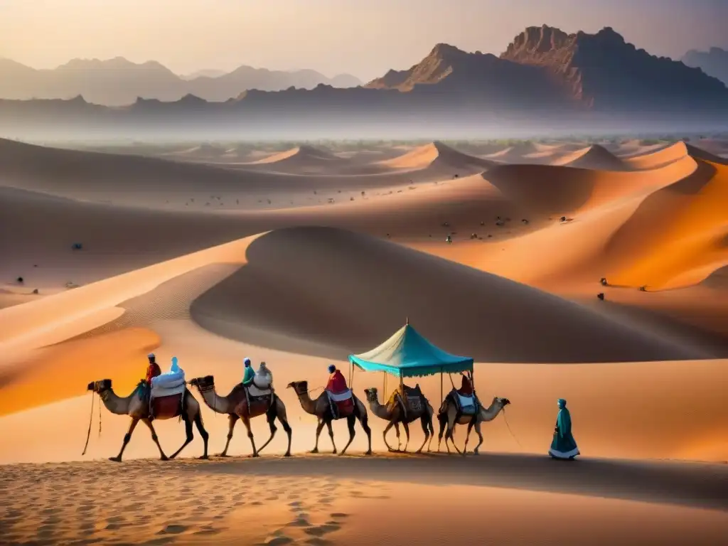 Escena animada de mercado en un oasis del desierto del Sahara, evocando el comercio transahariano