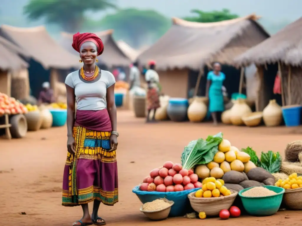 Escena animada de un mercado en un pueblo africano, mujeres venden frutas y verduras, hombres negocian ganado