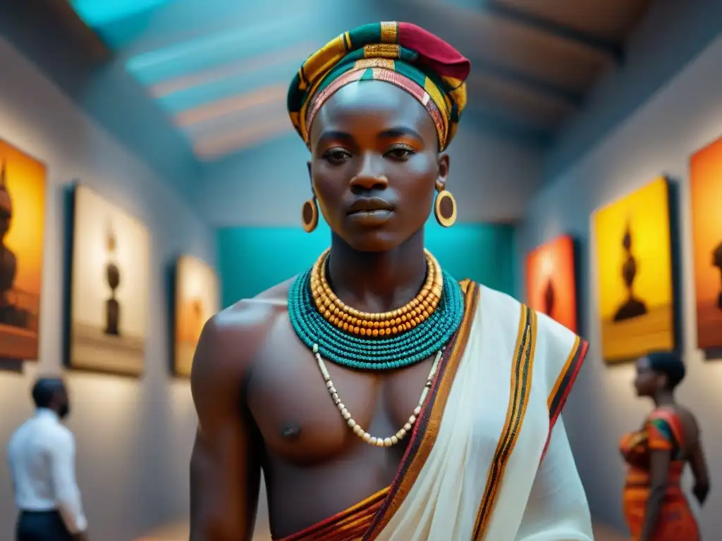 Escena artística de galería contemporánea con obras digitales vibrantes de artistas africanos