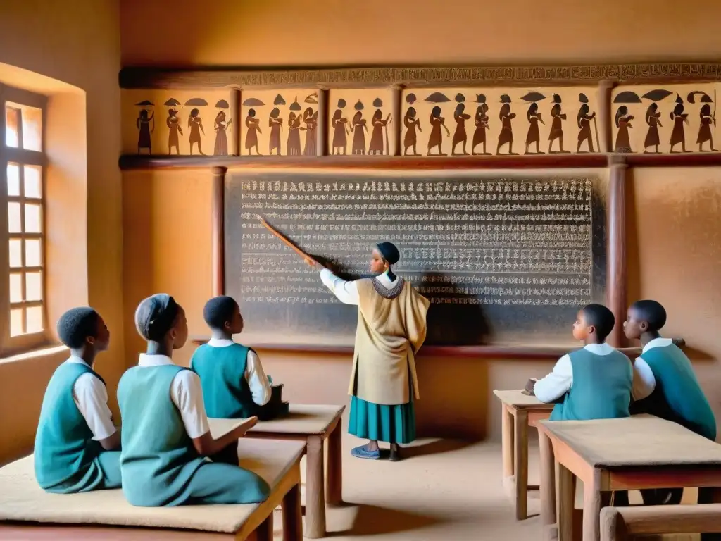 Escena de aula en civilización africana antigua con estudiantes diversos y sabio maestro