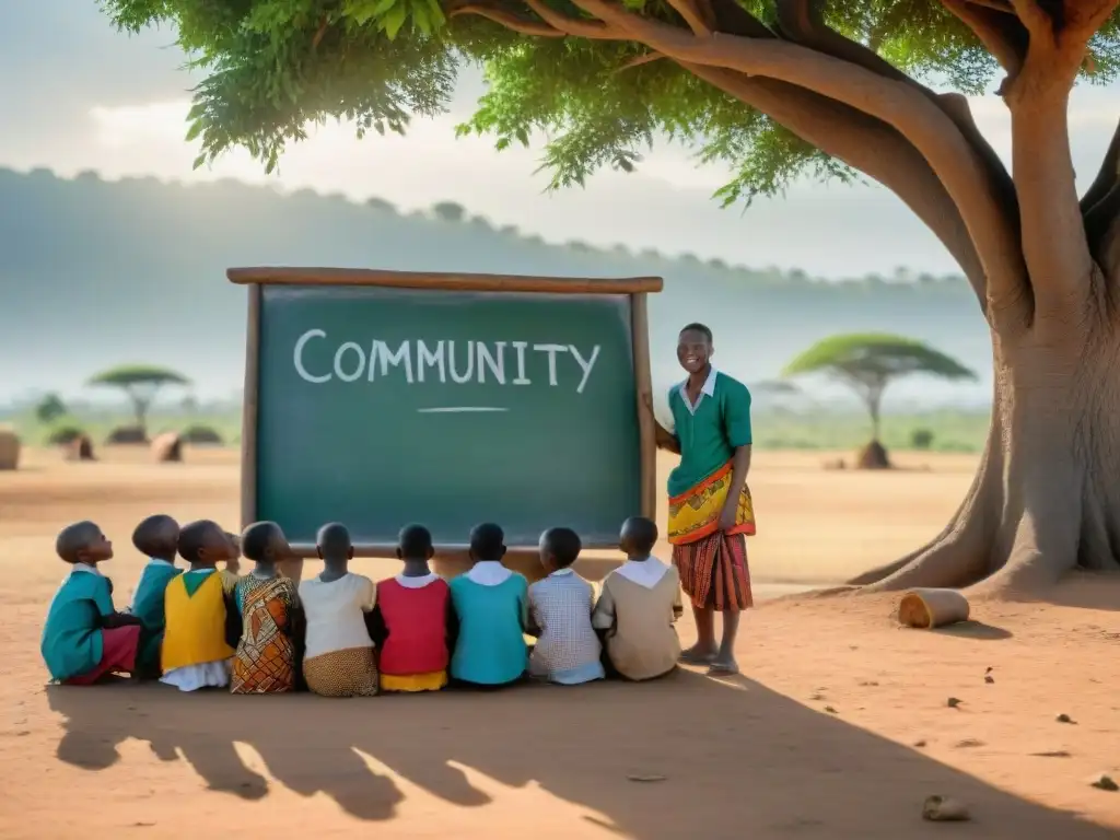 Una escena auténtica de educación comunitaria en África: niños africanos en ropa tradicional escuchan atentamente a su profesor bajo un árbol