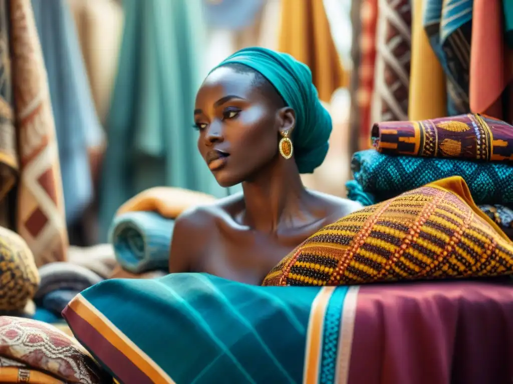 Una escena bulliciosa en un mercado africano con vibrantes telas tradicionales y artesanos creando prendas