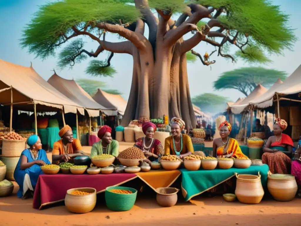 Escena bulliciosa de mercado africano con artesanías tribales y textiles coloridos