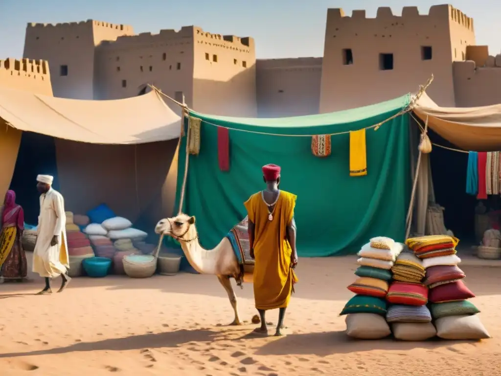 Escena bulliciosa de mercado en la antigua ciudad de Tombuctú, reflejando la economía global del Imperio de Mali