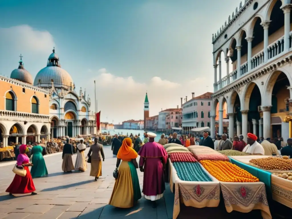 Escena bulliciosa en mercado de Venecia con intercambios culturales entre África y Venecia