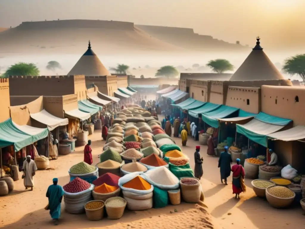 Escena bulliciosa de mercado en Timbuktu, Mali: comerciantes intercambian especias, textiles y frutas exóticas bajo el sol sahariano