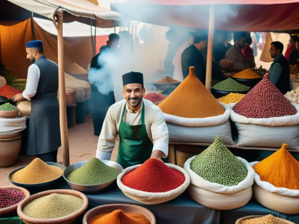 Escena bulliciosa en un mercado marroquí, con vendedores de especias y tagines