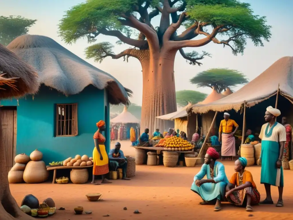 Escena bulliciosa de mercado en reino africano previo a Colonización Europea en África Occidental, con comerciantes locales bajo árboles baobab