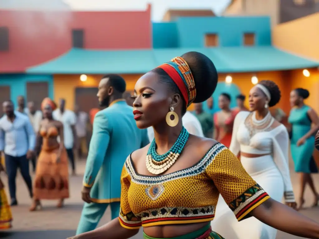 Una escena callejera vibrante en una bulliciosa comunidad AfroLatina, con danza y música africana tradicional, atuendos coloridos y patrones tribales