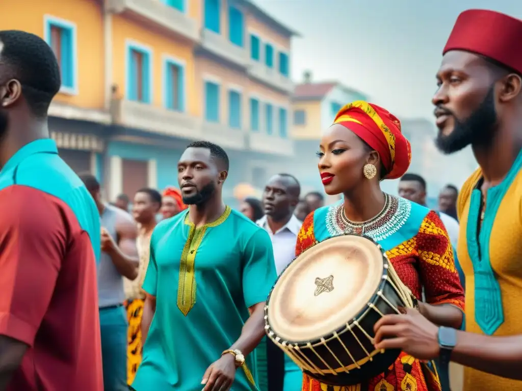 Escena callejera vibrante en Lagos, Nigeria con músicos tradicionales y una multitud diversa disfrutando de la música