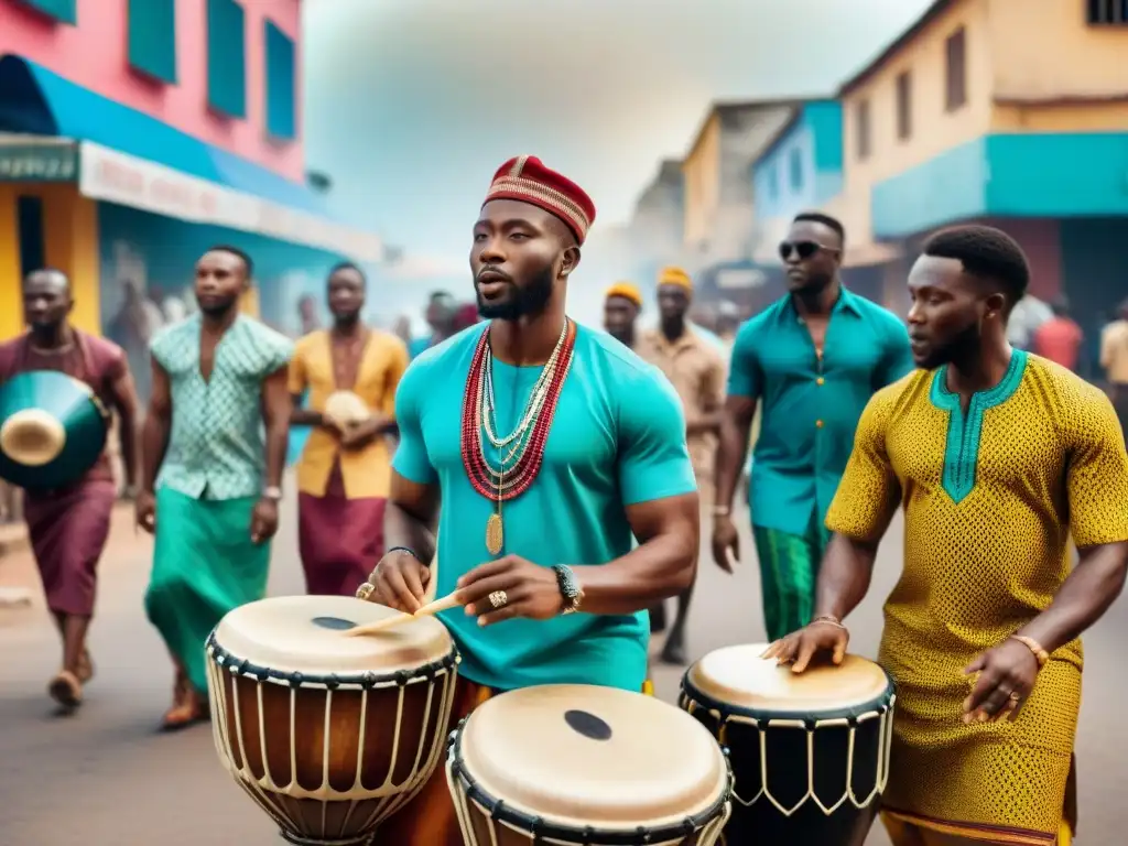 Escena callejera vibrante en Lagos, Nigeria, con músicos tocando instrumentos africanos tradicionales