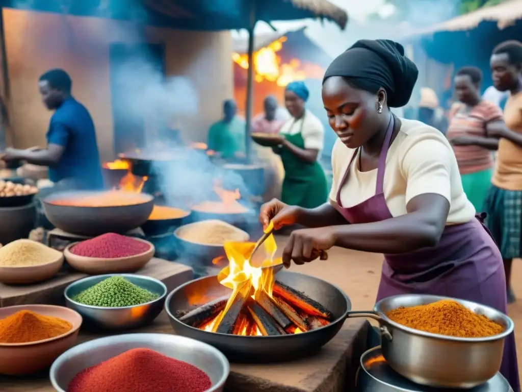 Una escena cautivadora de mujeres africanas preparando platos africanos de resistencia en un animado mercado de Ghana