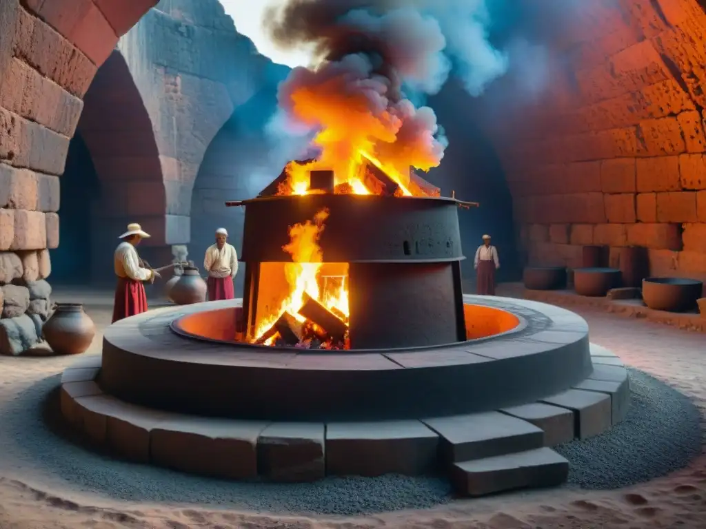 Una escena cautivadora de la tecnología del hierro en África en el antiguo Reino de Nok, con artesanos y un horno de fundición de hierro detallado