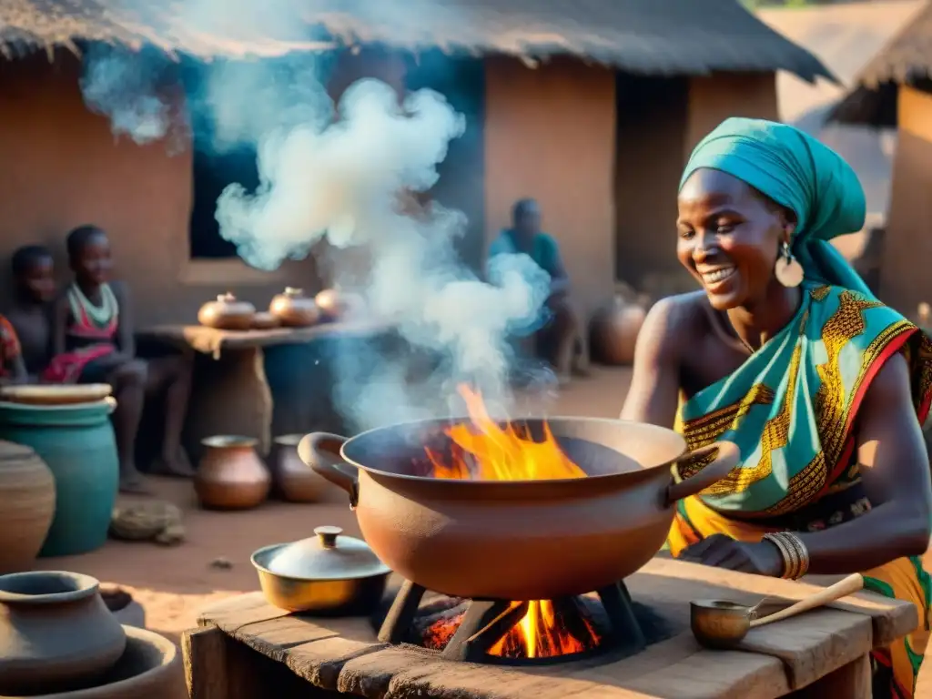 Escena de cocina africana al atardecer: olla de barro sobre fuego abierto, mujeres preparando ingredientes y niños jugando en un pueblo dorado