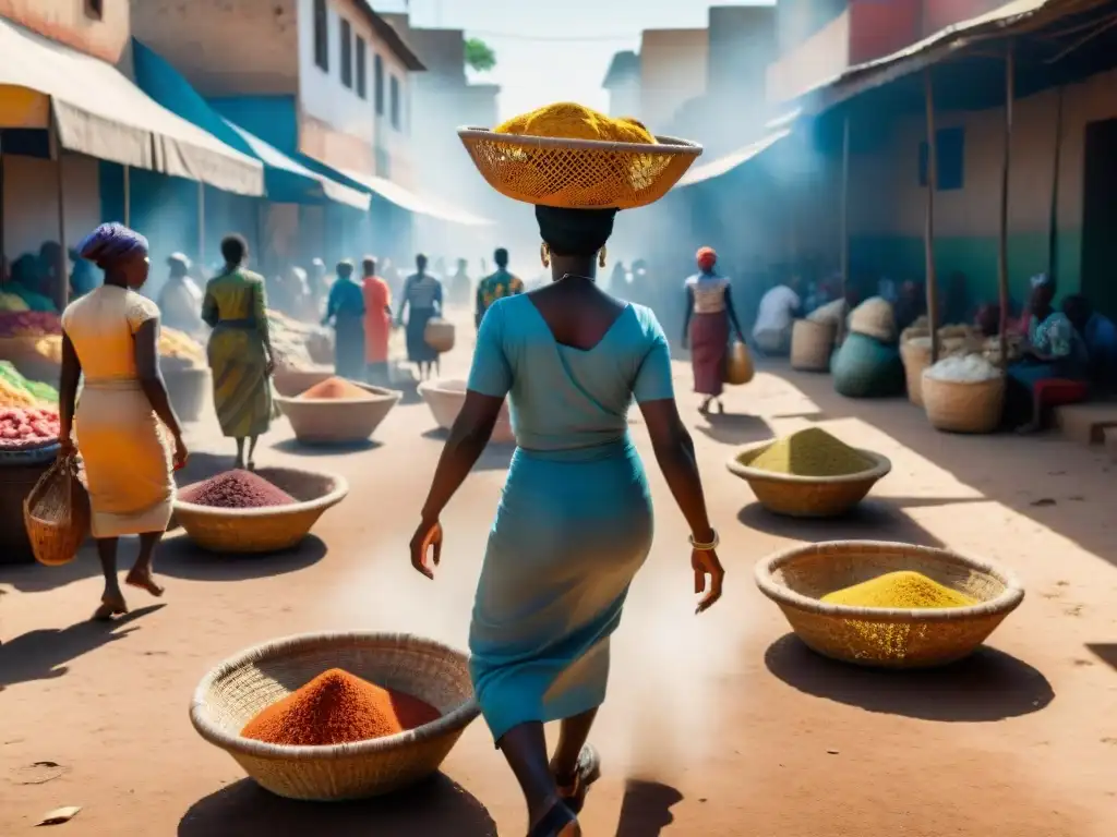 Escena colorida de un bullicioso mercado al aire libre en una ciudad africana, reflejando la vida cotidiana