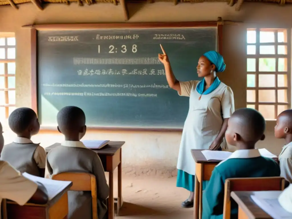 Escena conmovedora de educación bilingüe en África: niños aprendiendo en aula rural llena de cultura y colores