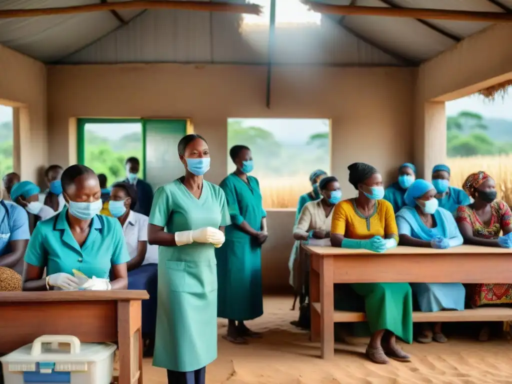 Escena conmovedora de una clínica de salud en África, pacientes esperanzados y trabajadores sanitarios atendiendo