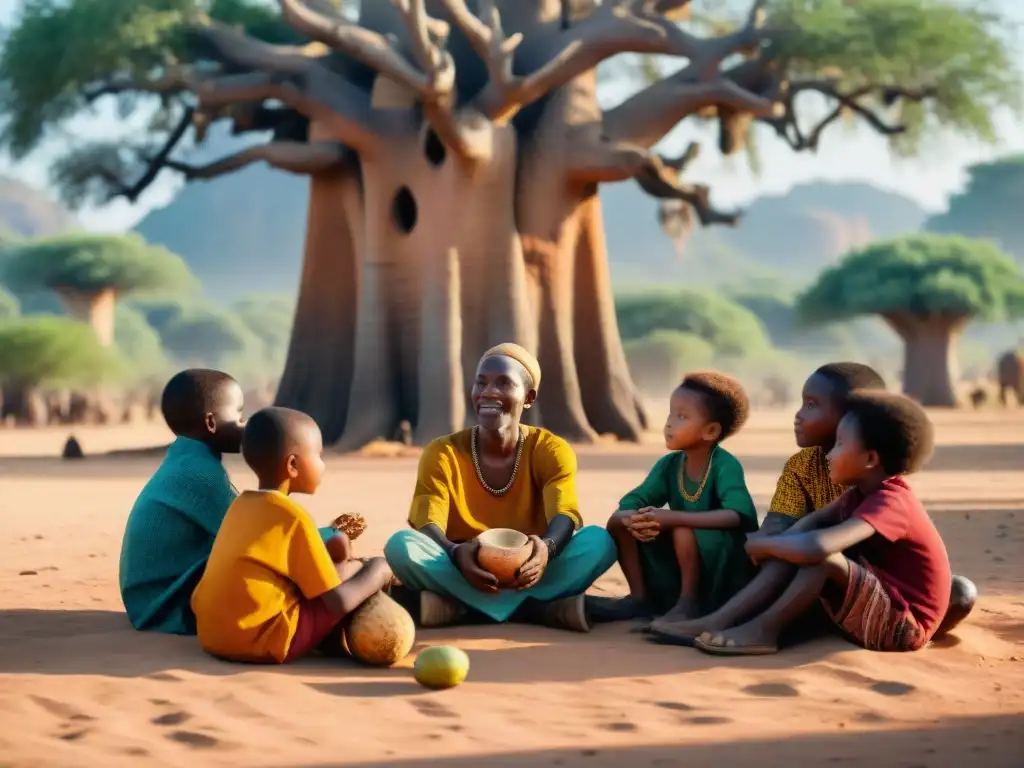 Una escena conmovedora de comunidad y tradición africana bajo un baobab: niños y anciano en animada charla