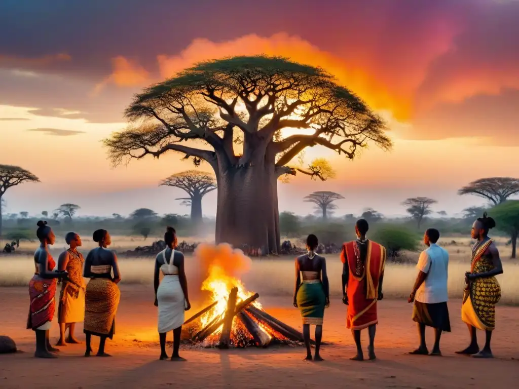 Una escena conmovedora de Rituales de agradecimiento en África: alrededor de una hoguera, aldeanos danzan en atuendos tradicionales al atardecer, con patrones llamativos y movimientos rítmicos