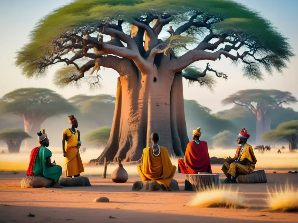 Una escena conmovedora de sanadores tradicionales africanos reunidos bajo un baobab, intercambiando sabiduría