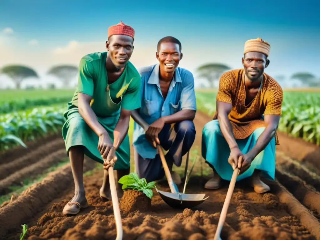 Una escena detallada de agricultores en África Occidental usando herramientas tradicionales, vistiendo coloridos atuendos