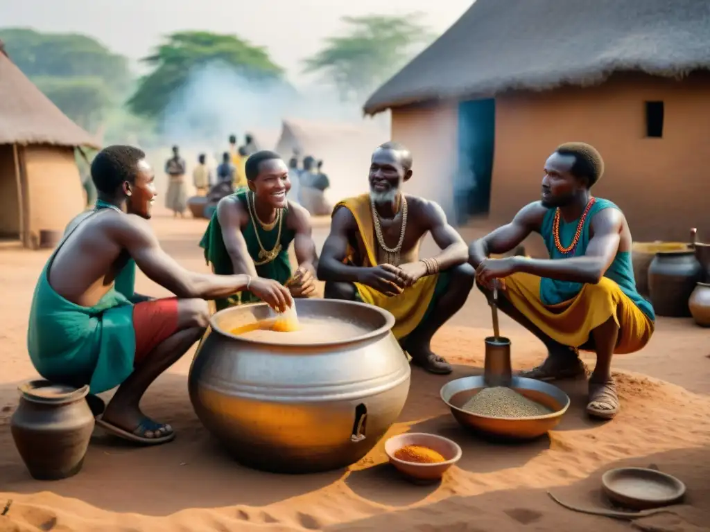 Escena detallada de una aldea africana antigua, con gente elaborando cerveza tradicional