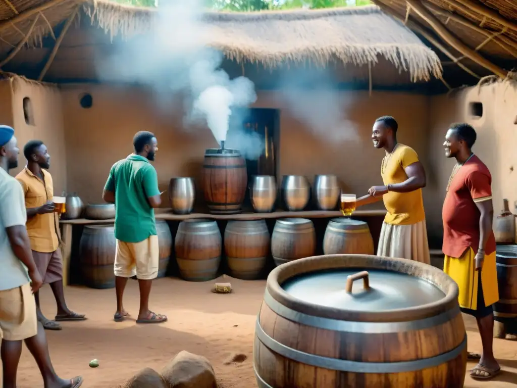 Escena detallada de una aldea africana antigua con la elaboración tradicional de cerveza