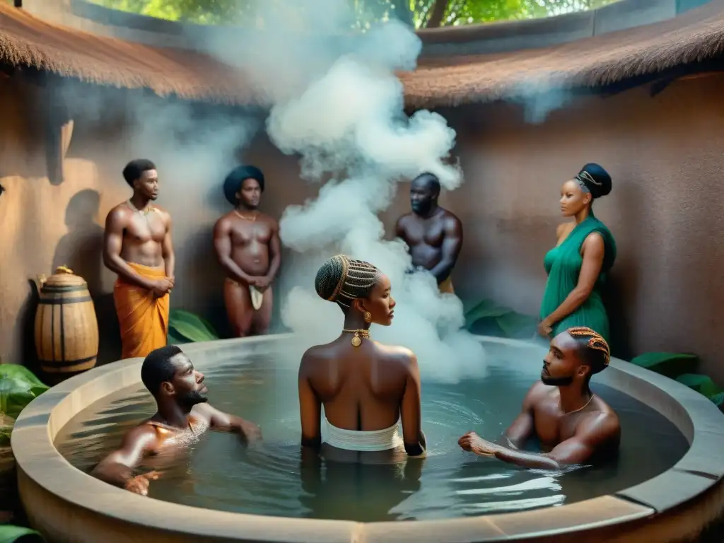 Una escena detallada de antiguos africanos disfrutando de los beneficios de baños de vapor en un entorno ornamental