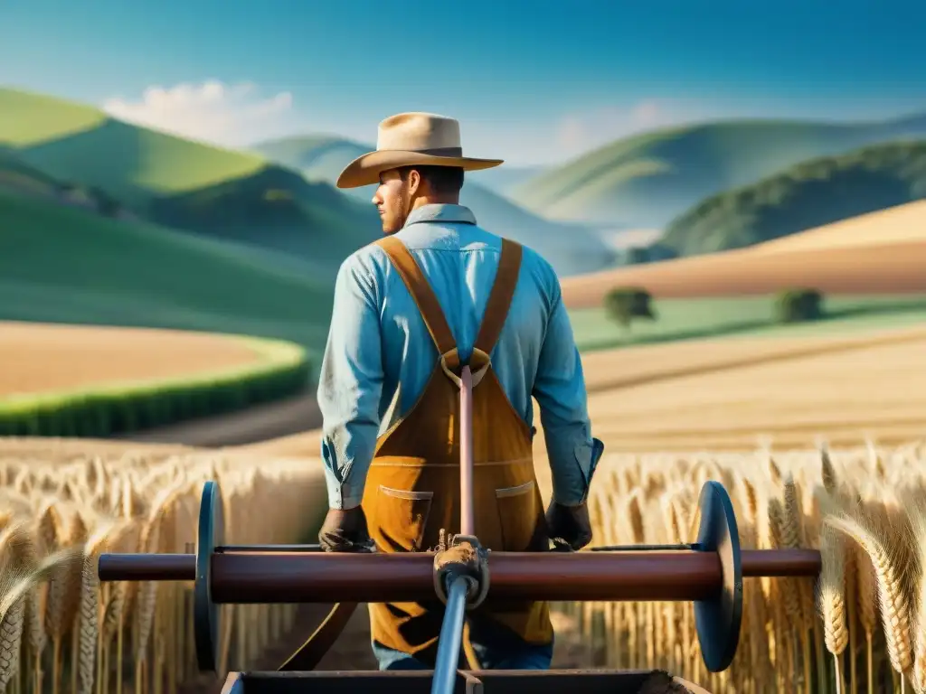 Escena detallada de un arado de madera tradicional en un campo dorado de trigo, resaltando la historia de las herramientas agrícolas