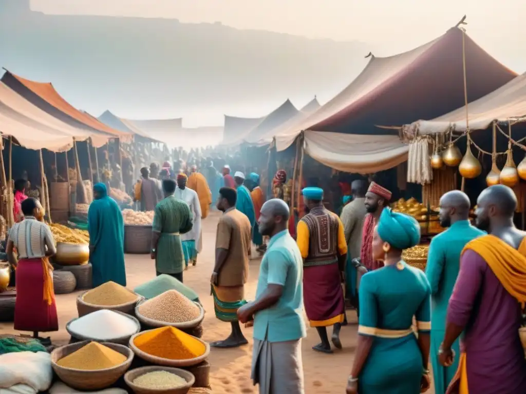 Escena detallada de un bullicioso mercado africano a lo largo de la Ruta Transahariana, destacando la influencia de África en la Ruta de la Seda