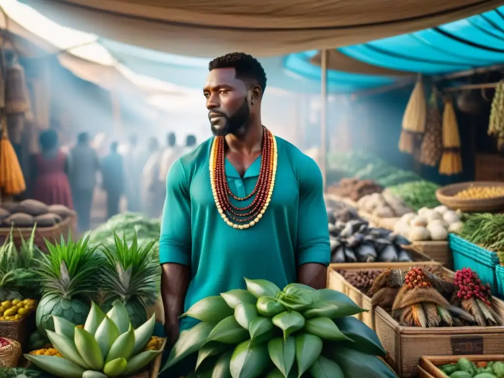 Escena detallada del bullicioso mercado africano, con animales y plantas exóticas