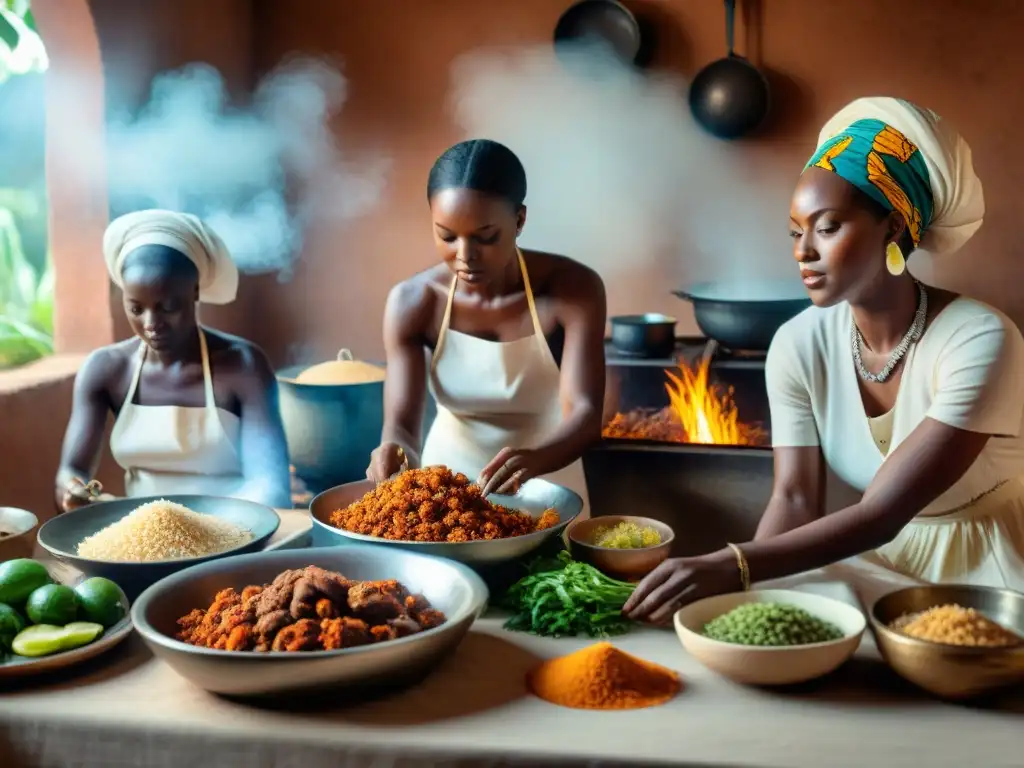 Una escena detallada de una cocina africana tradicional con esclavos preparando platos icónicos