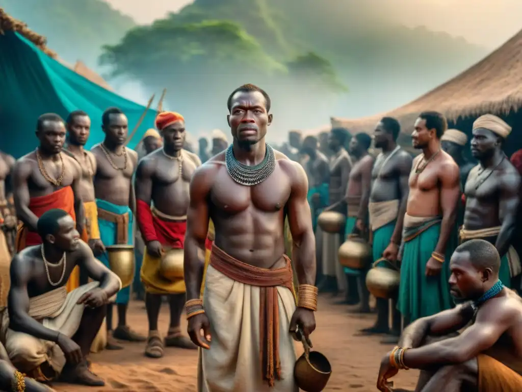 Mercado de esclavos en África Central: una imagen vibrante y detallada Escena detallada del comercio de esclavos en África, con colores vibrantes y personajes variados en un mercado bullicioso