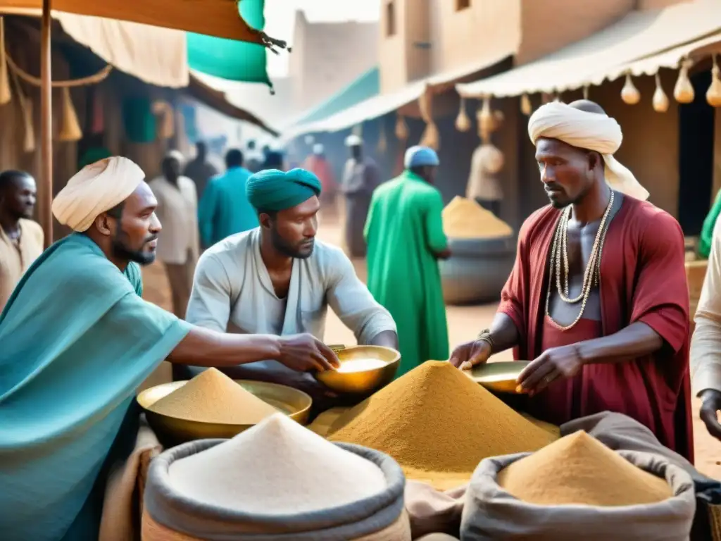 Escena detallada: comercio de oro por sal en mercado de Timbuktu, historia civilizaciones africanas influencia global