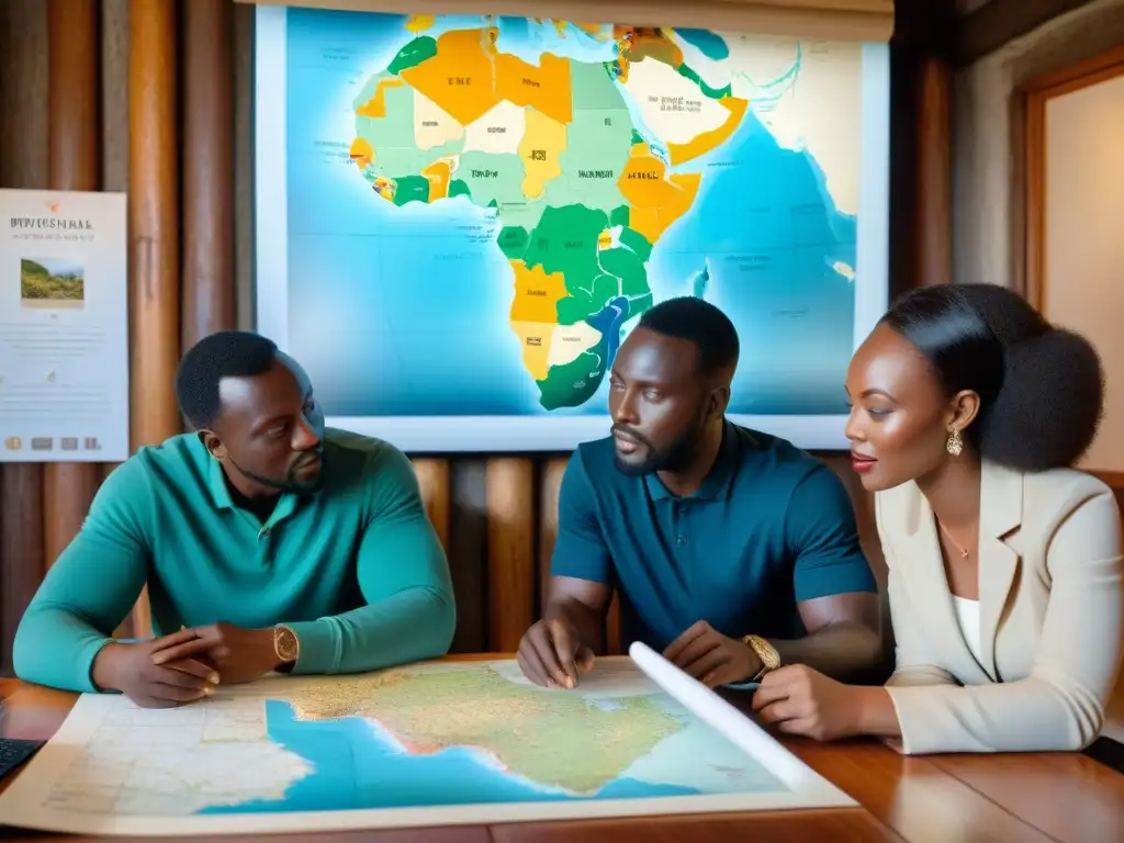 Una escena detallada muestra conservacionistas africanos colaborando con expertos internacionales alrededor de un gran mapa de África