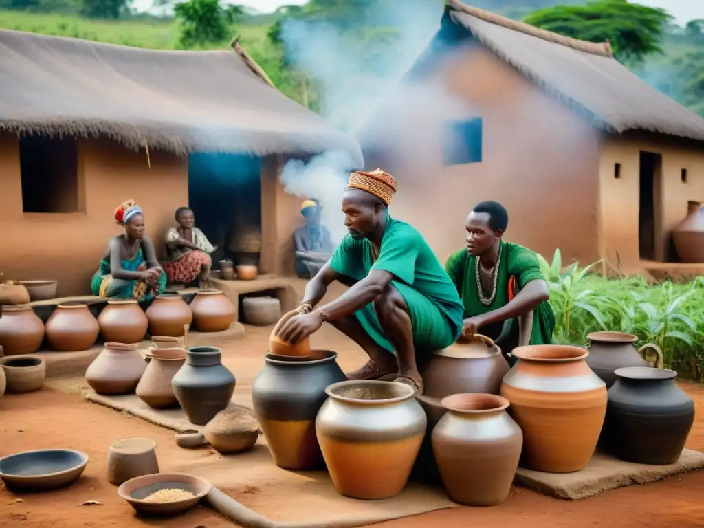 Escena detallada de la elaboración de cerveza en una aldea africana, mostrando técnicas ancestrales