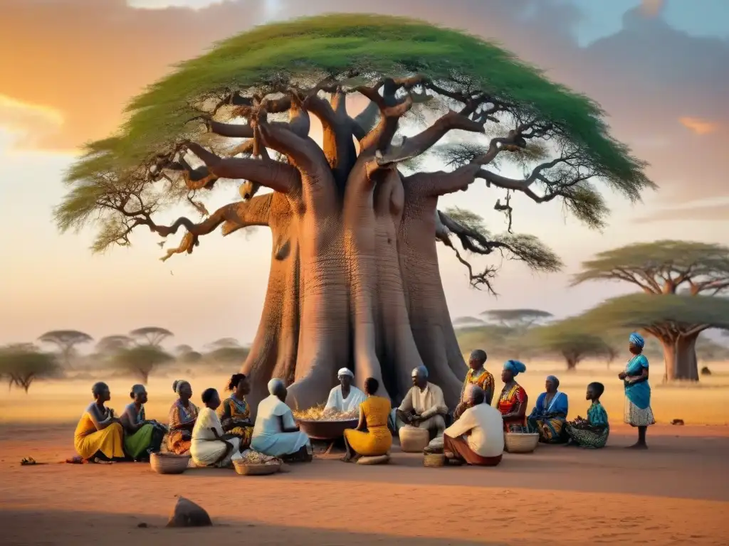 Escena detallada de una familia africana bajo un Baobab, resaltando la importancia de la familia extendida en África