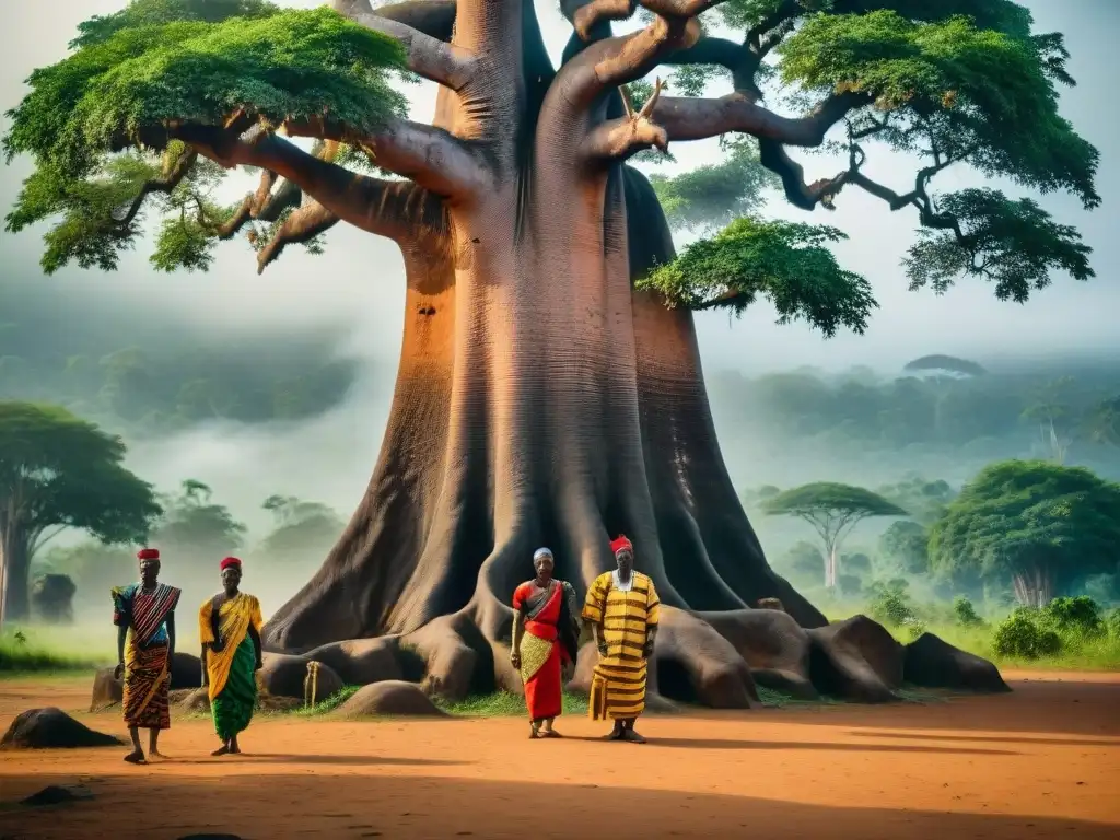 Una escena detallada de un grupo diverso en atuendos tradicionales liberianos junto a un enorme baobab en un frondoso bosque