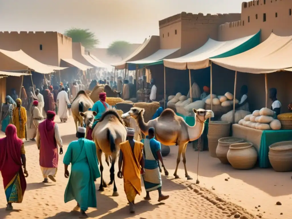 Mercado bullicioso de Timbuktu: intercambios comerciales en la antigua África Escena detallada de mercado en Timbuktu antiguo, con vibrantes colores y comercio ilícito en civilizaciones africanas