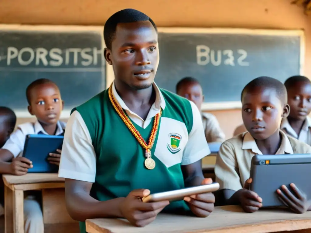 Escena educativa en aldea africana: niños usando tecnología, maestro guía