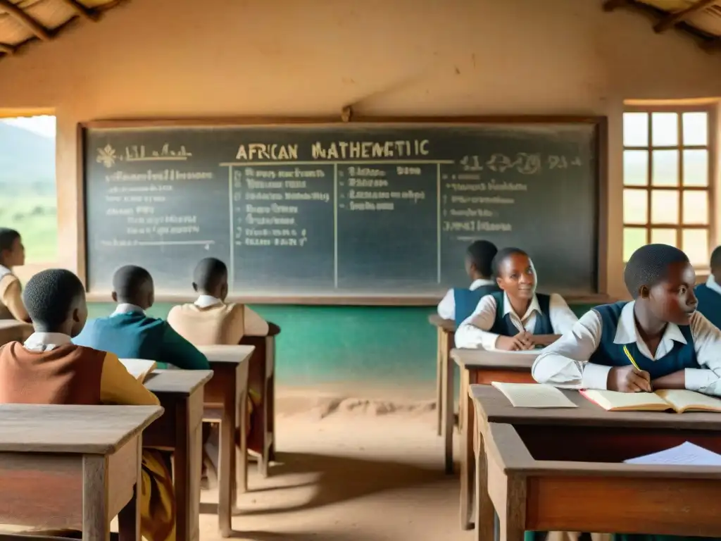 Escena educativa en aula rural africana con estudiantes atentos y maestro enseñando matemáticas