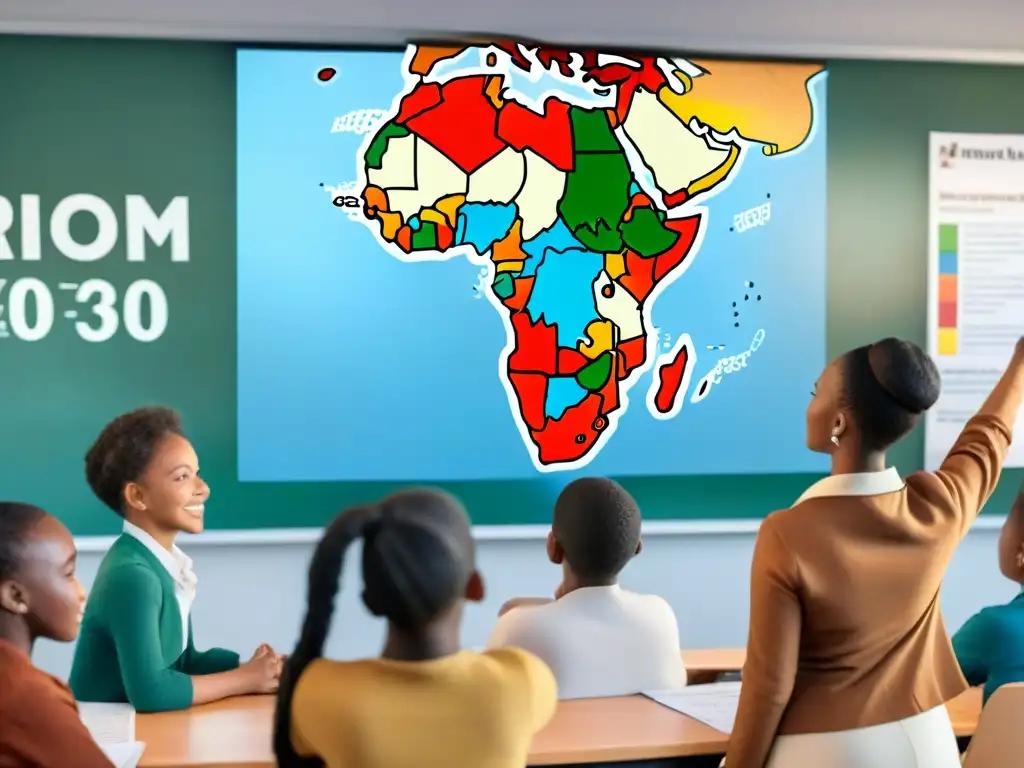 Escena educativa inclusiva sobre África: aula colorida con alumnos diversos participando en lección sobre historia africana