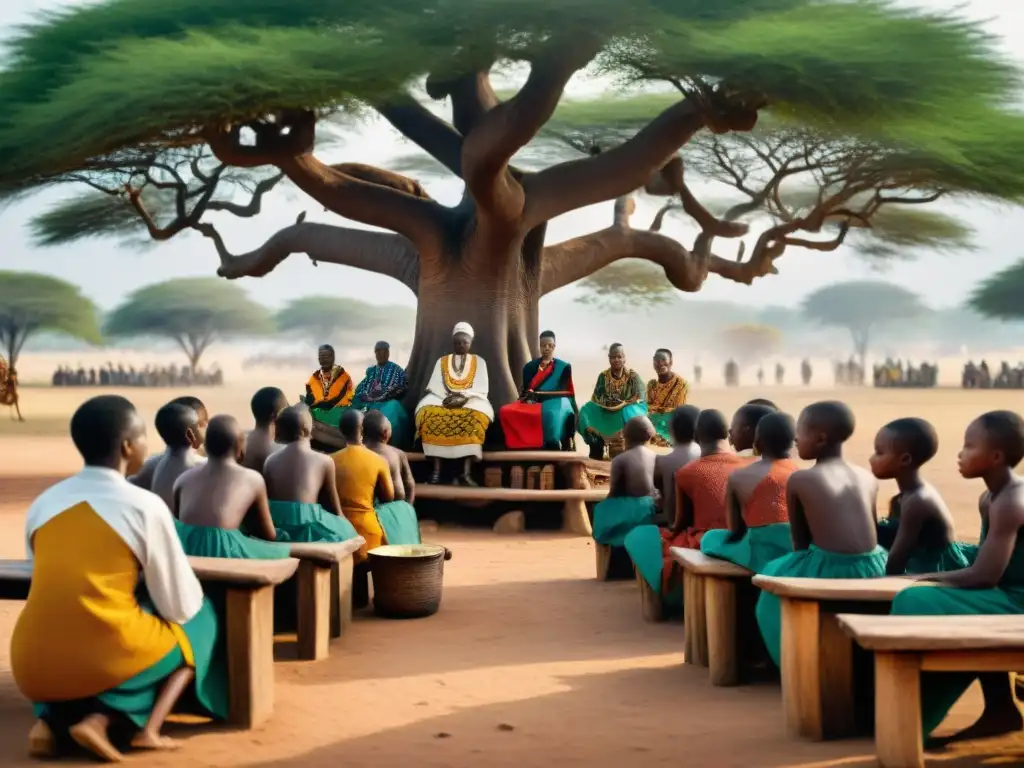 Escena educativa en África Occidental: estudiantes aprendiendo bajo un árbol con maestro sabio