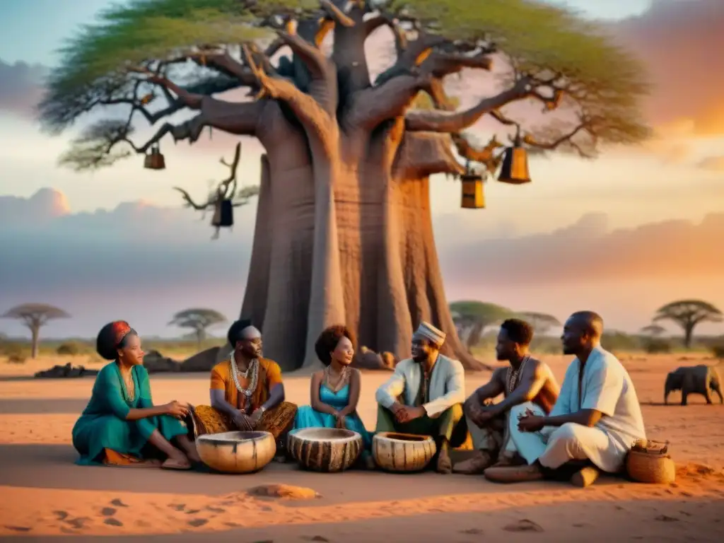 Una escena emotiva de diáspora africana: generaciones compartiendo legado bajo un baobab al atardecer