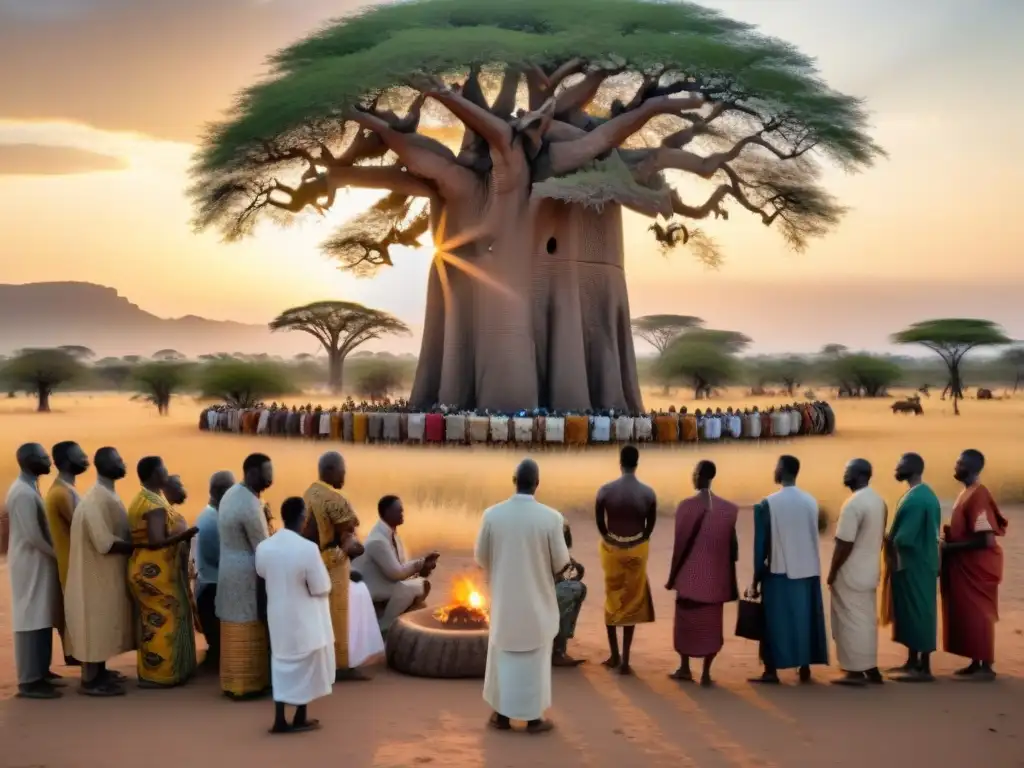 Una escena emotiva de intersección entre clases sociales y religión en África bajo un baobab sagrado